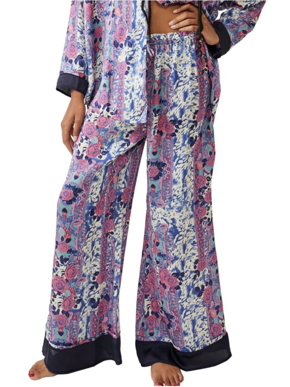 Free People Pink & Blue Floral Wide-Leg Satin Pajamas
